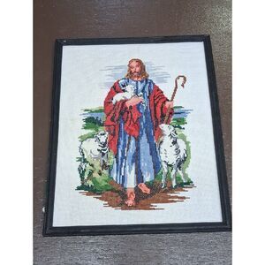 Jesus The Shepherd Caring  for His Sheep Vintage Embroidered Art